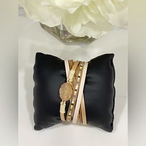 2/$25 NEW Beige vegan leather women gem rhinestone chain bracelet bangle trendy